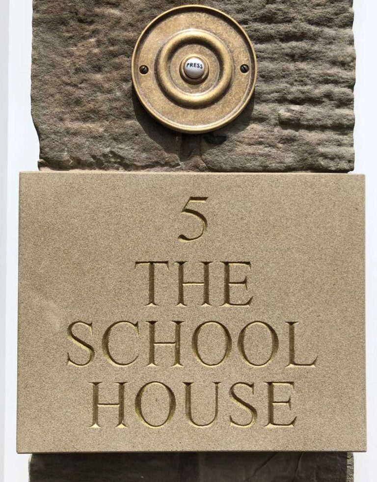 Stone house name and number plaques and hand carved sandstone signs